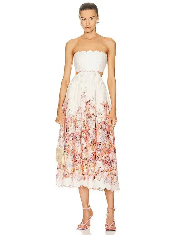 Zimmermann The Devi Scallop Midi Dress in Cream Floral Size 0/Au 8  - Image 1