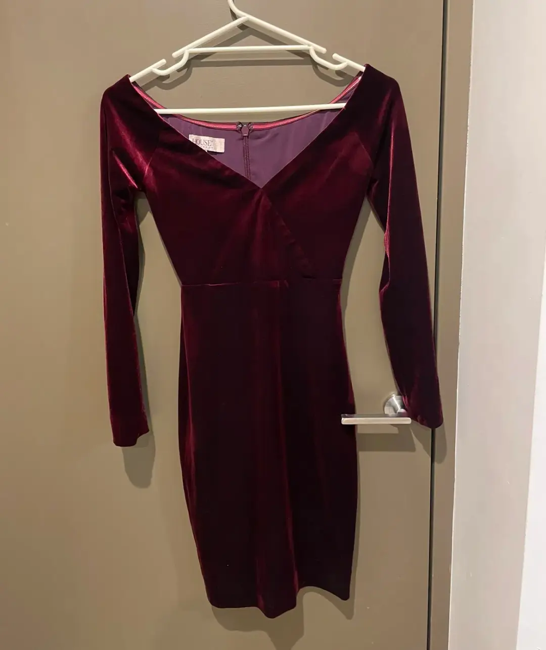 House Of CB Martinella  Velvet Off Shoulder Pencil Dress Red Wine Size 6 for rent on The Volte - main image