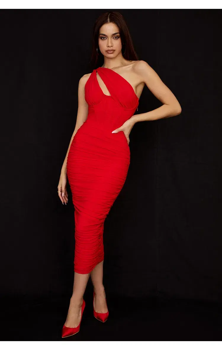 House of CB Valentina Asymmetric Cutout Midi Dress Red Size S/Au 8 - Image 1
