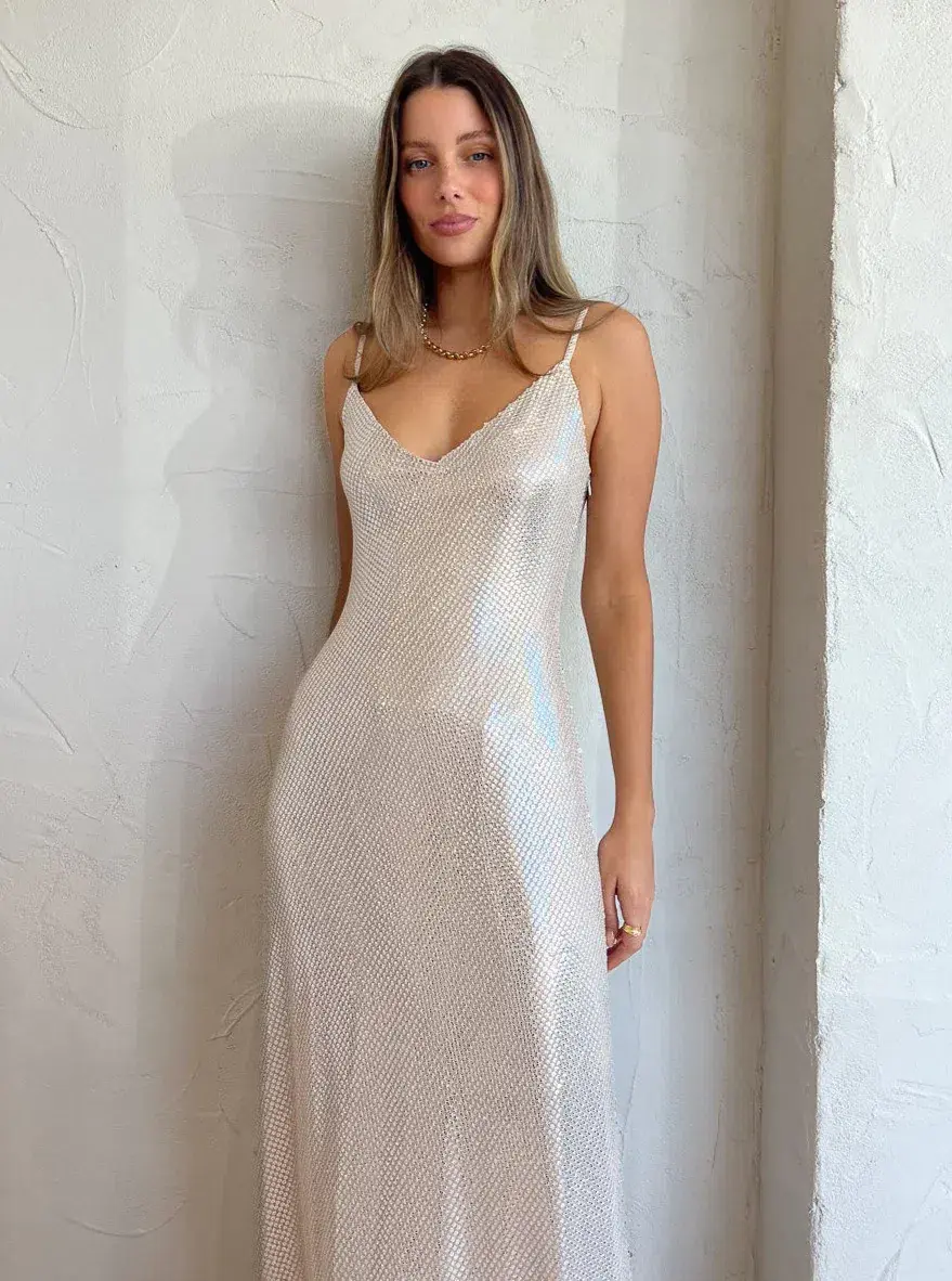 Manning Cartel High Voltage Slip Dress Nude Silver Size 6 for rent on The Volte - main image
