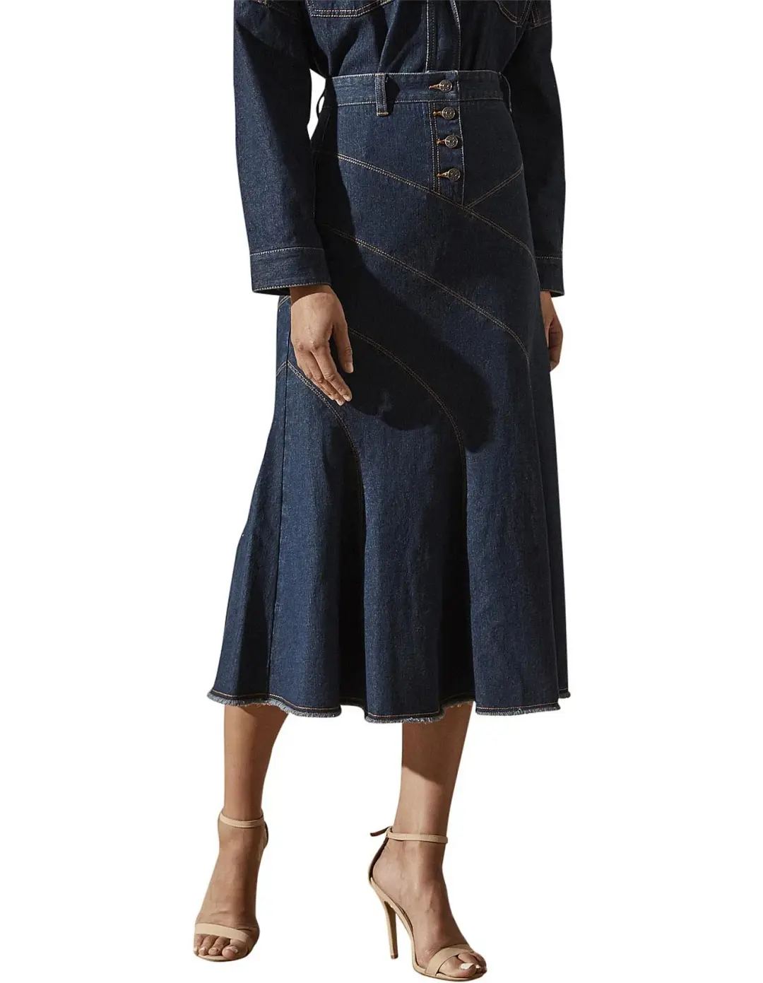 Shona Joy Emerson Contour Denim Midi Skirt Denim Blue Size 10 for rent on The Volte - main image