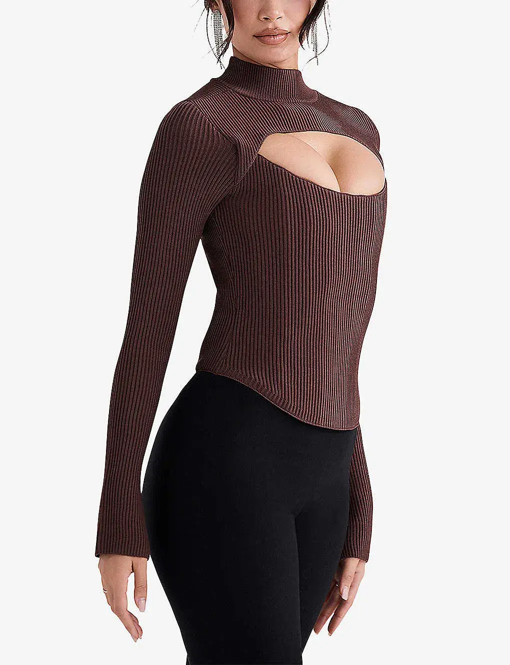 House Of Cb Georgina Cut-out Stretch-knit Top Brown Size XS / AU 6 - Image 3