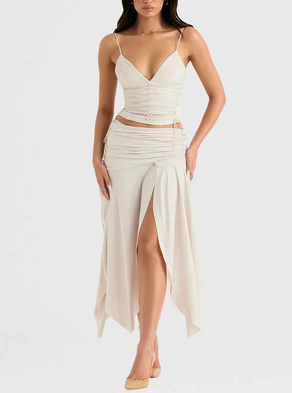 House of CB Antonella Vegan Leather Corset and Kaira Draped Midi Skirt Set Off White Size S / Au 8 - Image 1