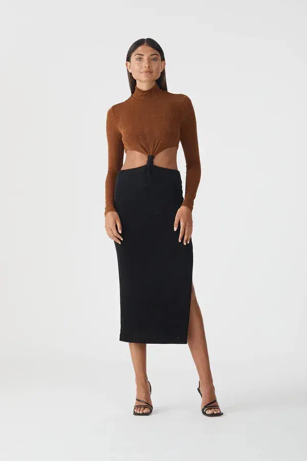 San Sloane Ninette Midi Dress Black/Brown Size AU 8 - Image 1