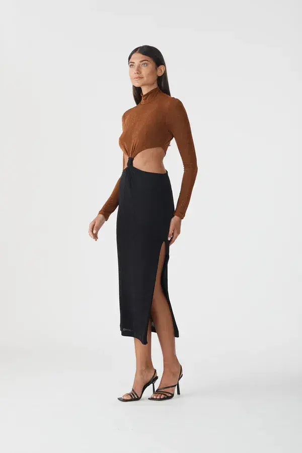 San Sloane Ninette Midi Dress Black/Brown Size AU 8 - Image 2