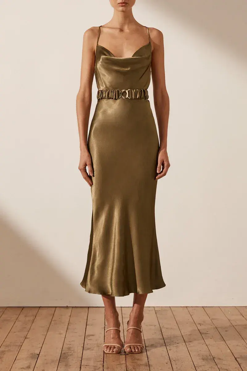 Shona Joy Gala Bias Midi Dress w/ Belt Warm Olive Size 8 - Image 1