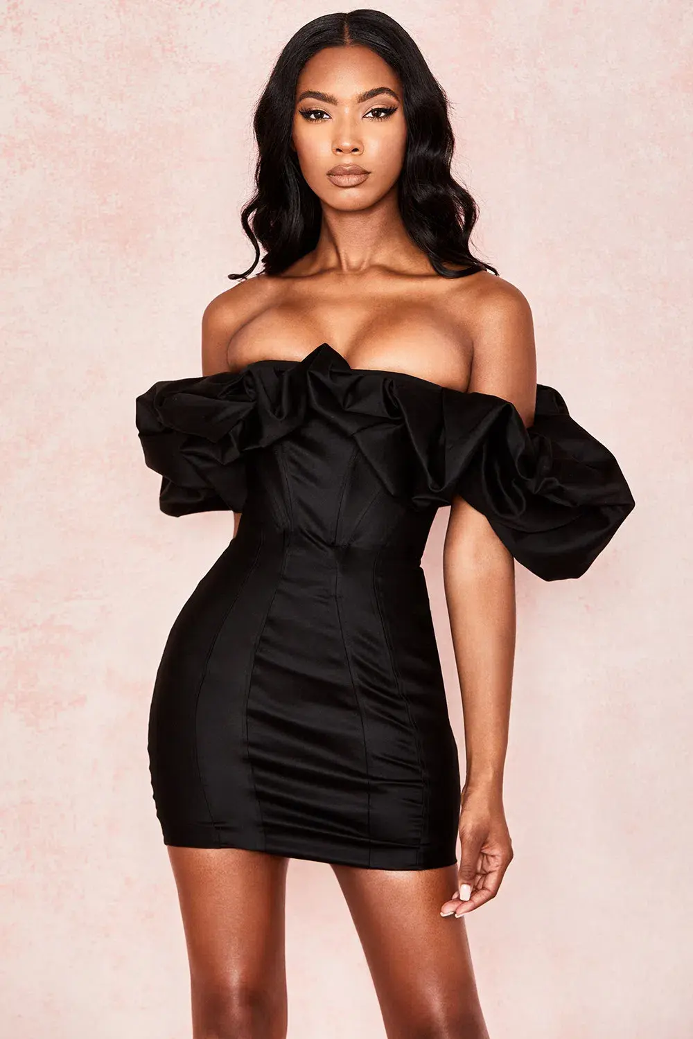 House of CB Selena Satin Puff Shoulder Mini Dress Black Size M / Au 10 - Image 2