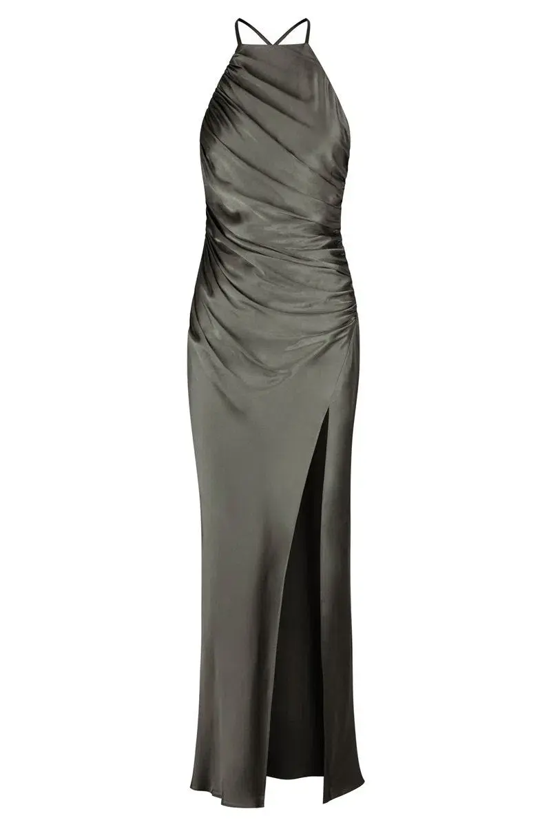 Shona Joy La Lune Gathered Square Neck Bias Midi Dress Olive Size 10 - Image 3