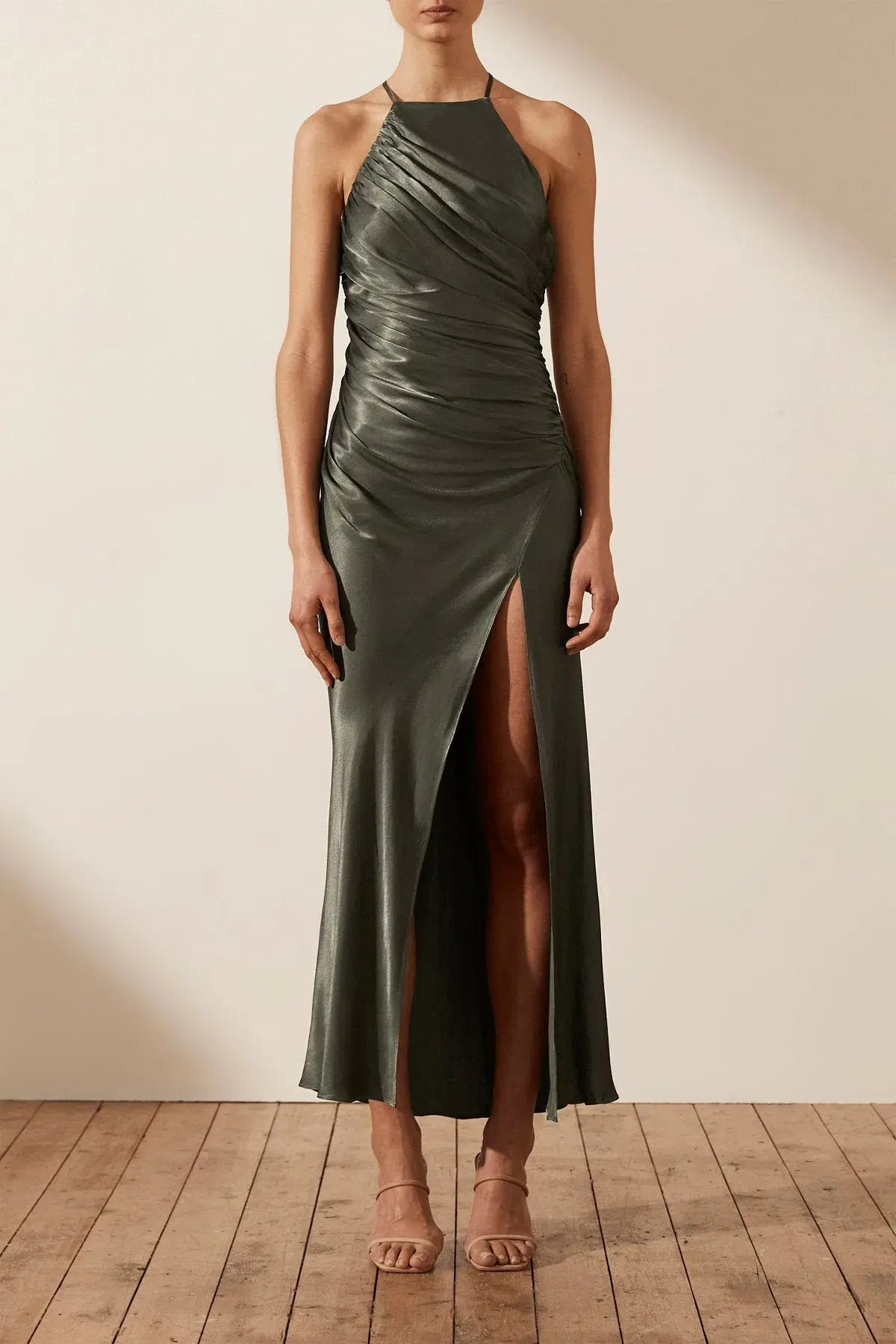 Shona Joy La Lune Gathered Square Neck Bias Midi Dress Olive Size 10 - Image 1
