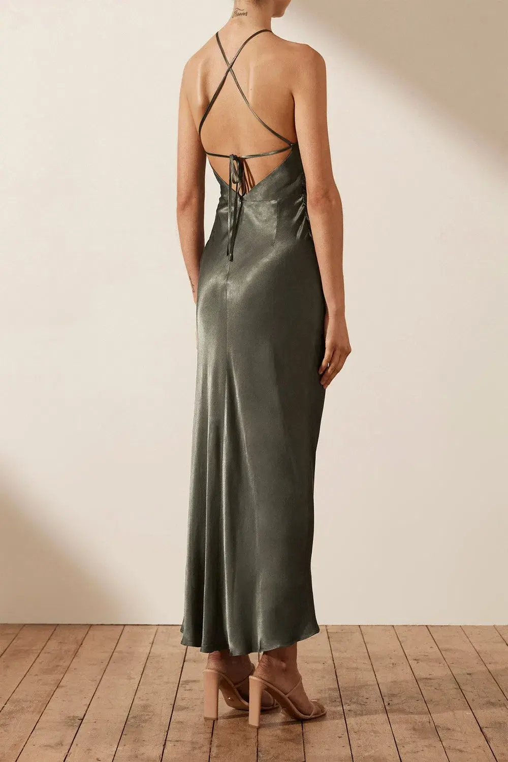 Shona Joy La Lune Gathered Square Neck Bias Midi Dress Olive Size 10 - Image 2