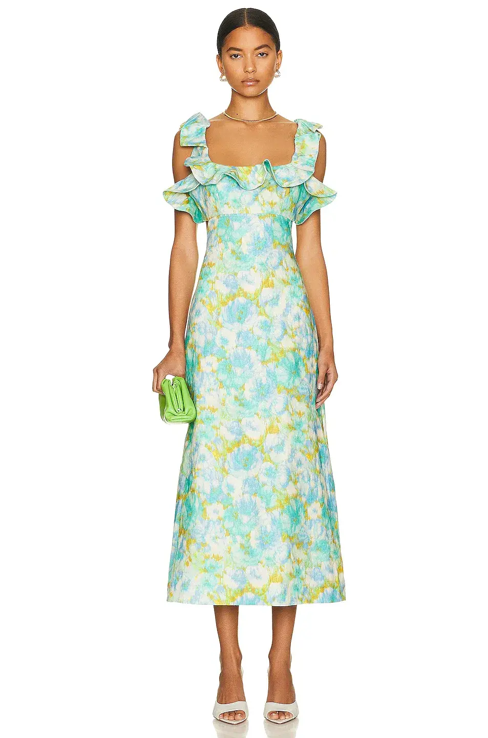 Zimmermann The High Tide Frilled Midi in Aqua Ikat Floral Size 1 /Au 10 for rent on The Volte - main image