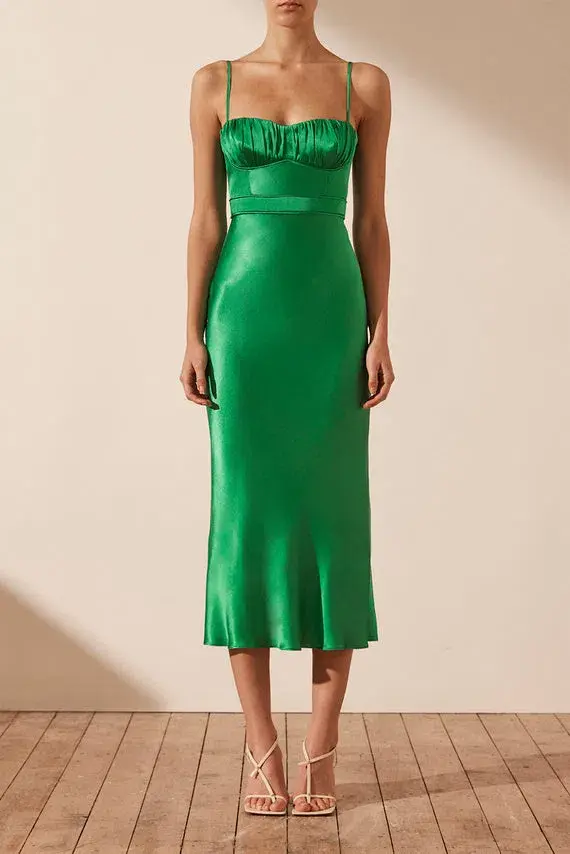 Shona Joy Lana Corded Ruched Midi Dress Tree Green Size 10 for rent on The Volte - main image