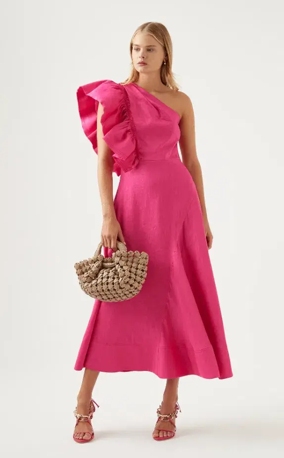 Aje Bonjour Asymmetric Midi Dress Fuchsia Size 16 for rent on The Volte - main image
