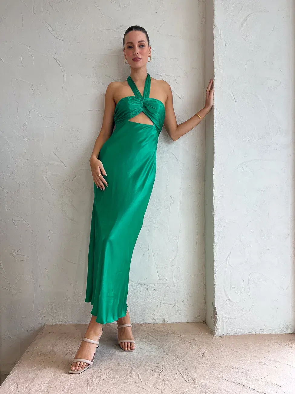 Shona Joy Lana Ruched Halter Midi Dress Tree Green Size 4 - Image 1