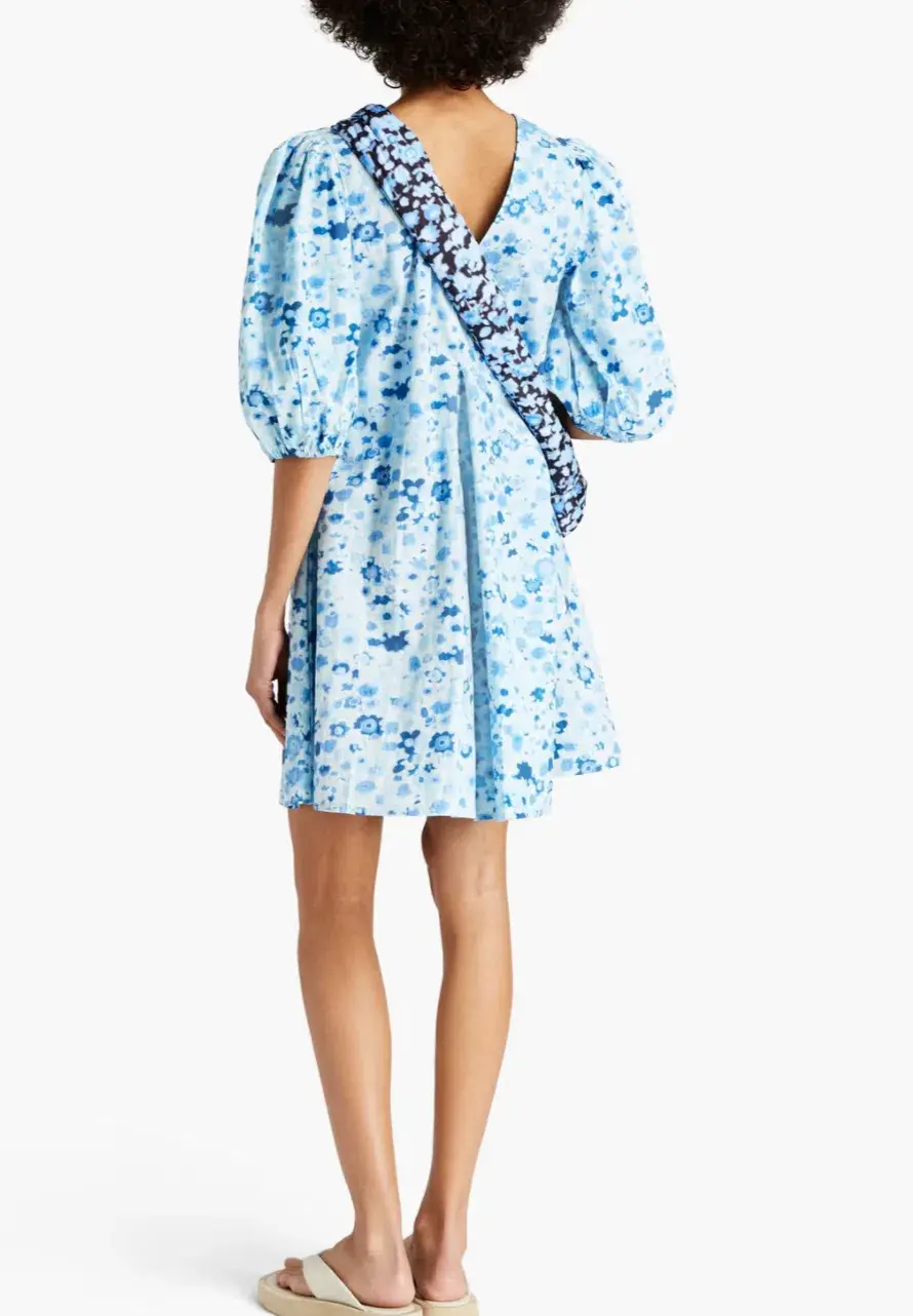 Ganni Printed Cotton-Poplin Mini Dress Blue Size 10  - Image 2