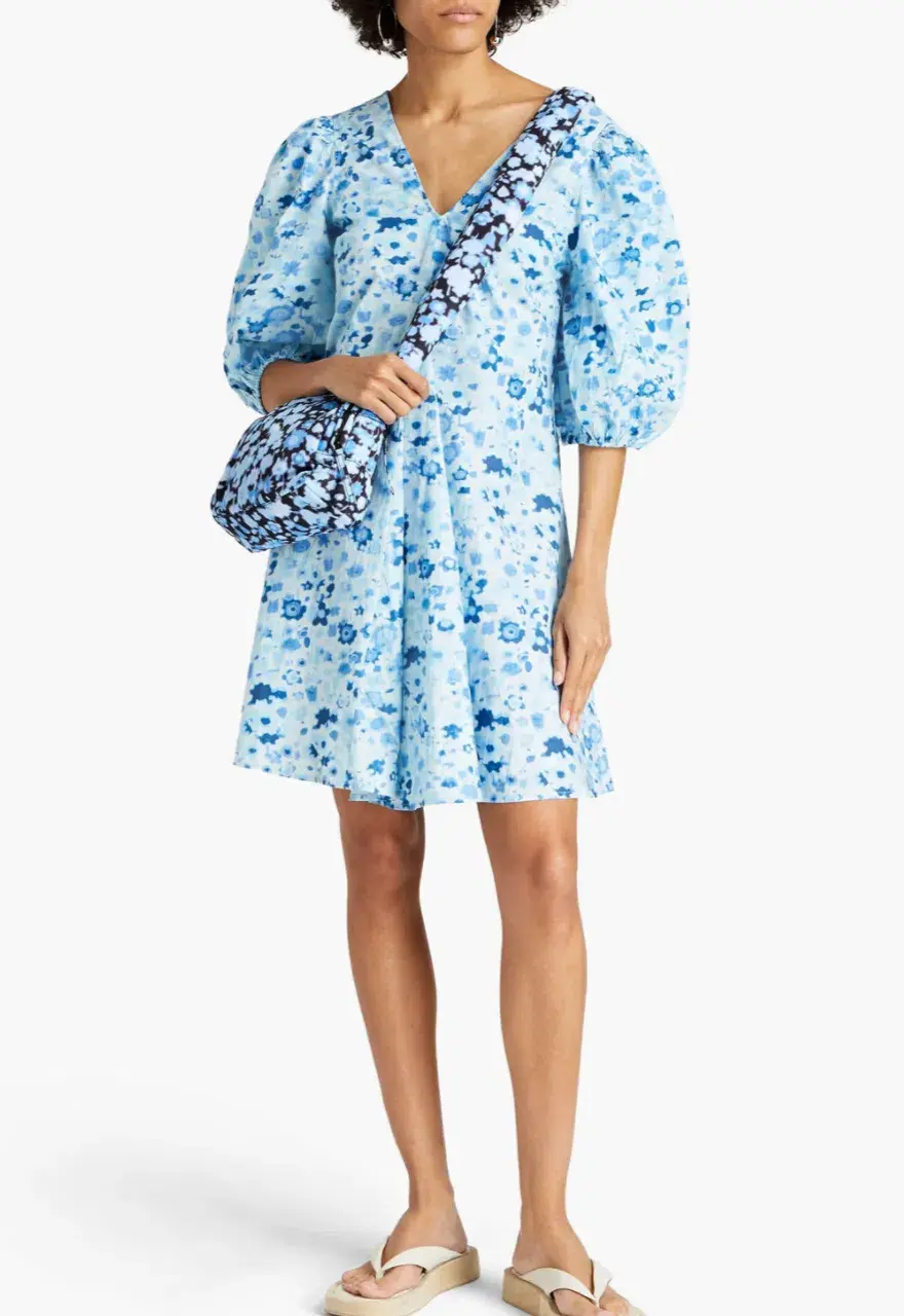 Ganni Printed Cotton-Poplin Mini Dress Blue Size 10  - Image 1