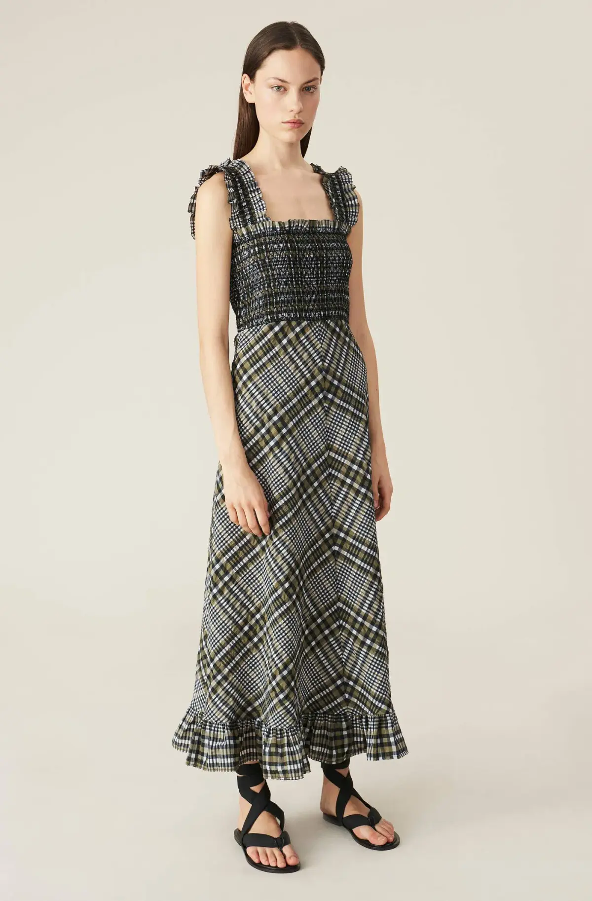 Ganni  Seersucker Check Maxi Dress Print Size 10  - Image 1