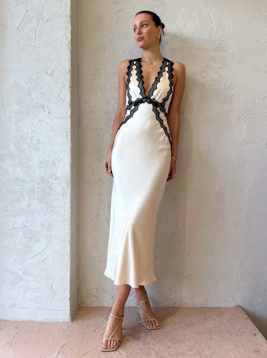 Shona Joy Camille Lace Cross Back Midi Dress Cream/Black Size 8 for rent on The Volte - main image
