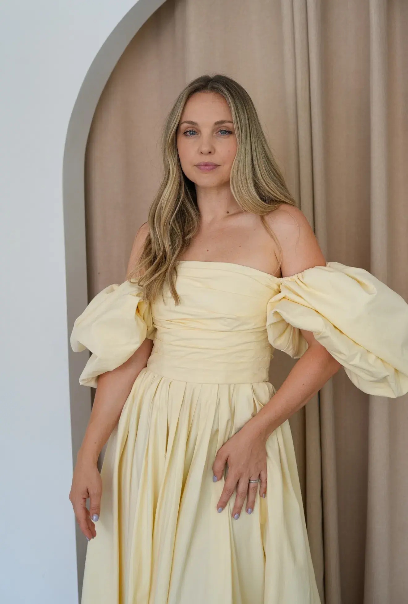 Leo Lin Matilda Puff Sleeve Midi Dress in Lemon Size AU 8 - Image 4
