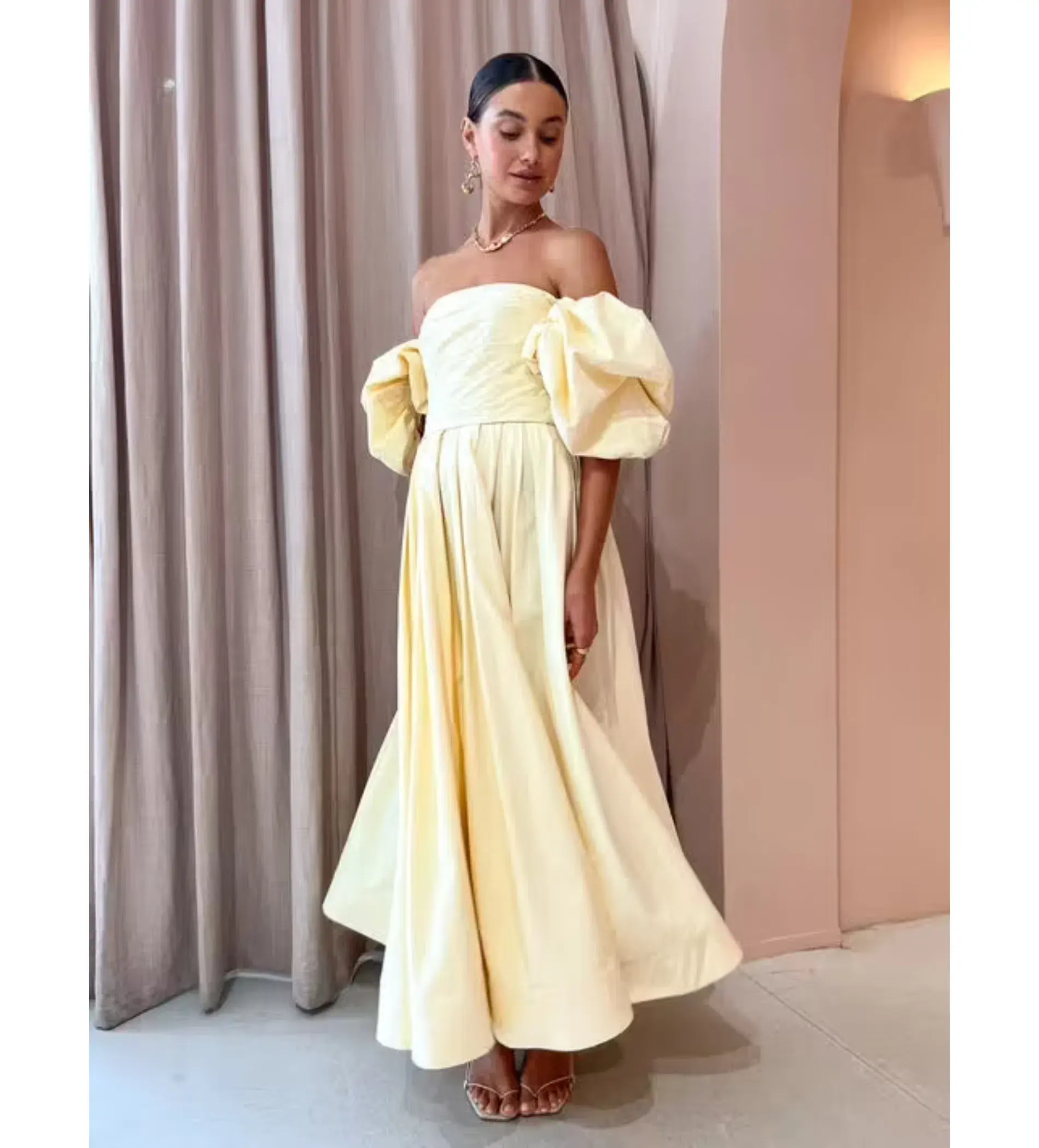 Leo Lin Matilda Puff Sleeve Midi Dress in Lemon Size AU 8 - Image 1