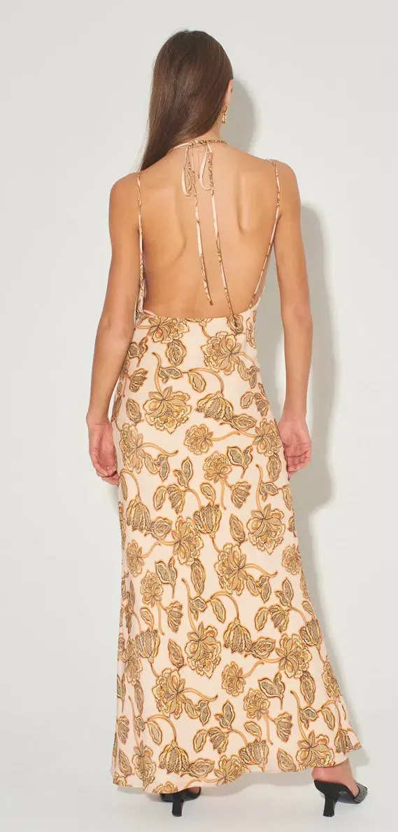 Hansen and Gretel Meadow Bias Backless Dress Peach Floral Size S / Au 8 for rent on The Volte - main image