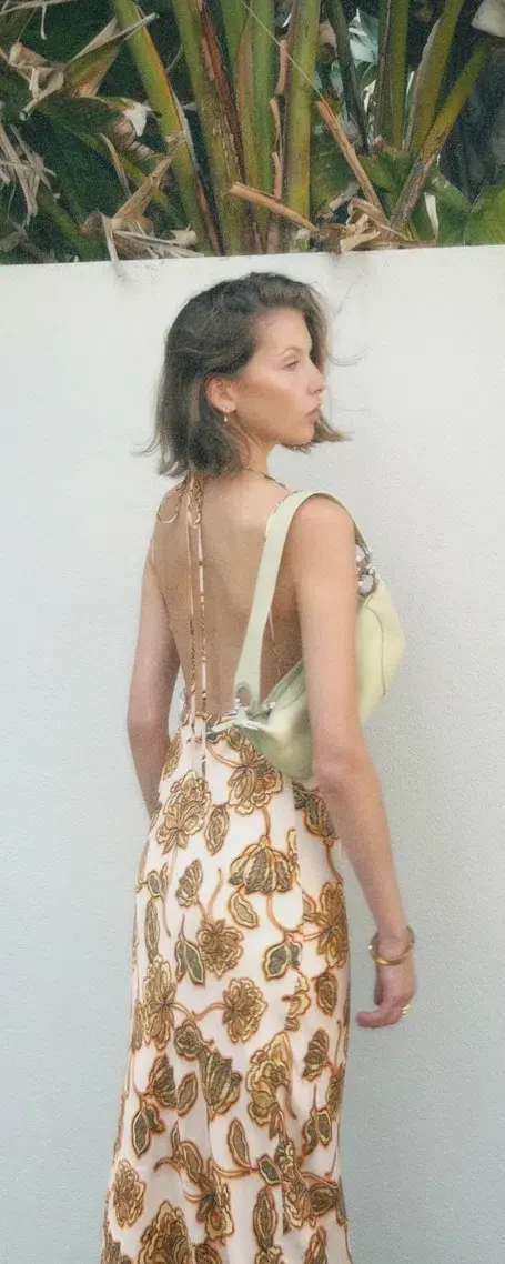 Hansen and Gretel Meadow Bias Backless Dress Peach Floral Size S / Au 8 for rent on The Volte - main image