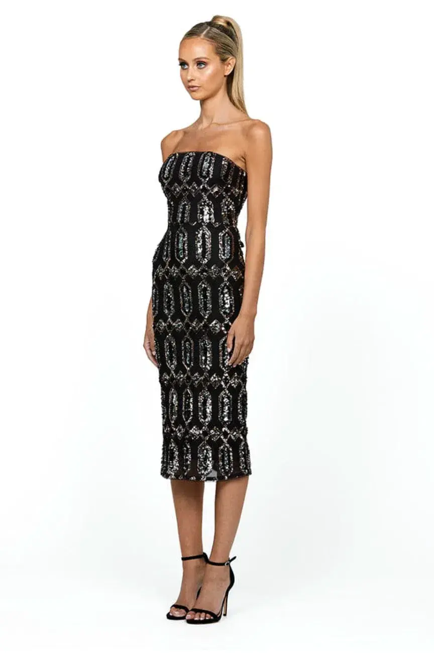 Bariano Blanca Strapless Midi Dress Black Multi Size AU 8 - Image 2