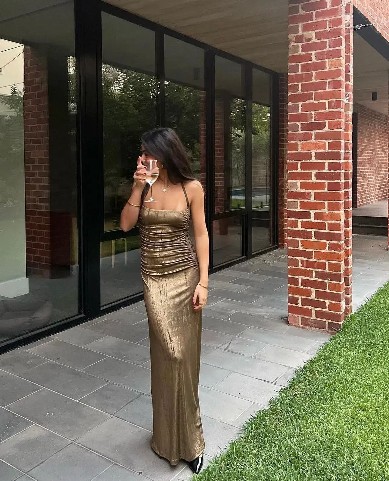Diesel Metallic Ruched Halterneck Gown Gold Size M / Au 10 - Image 4