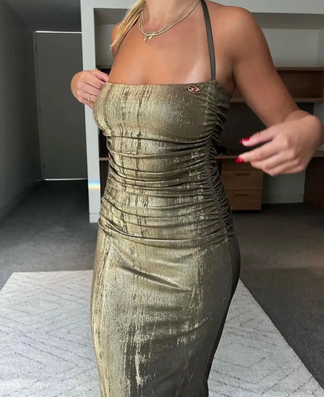 Diesel Metallic Ruched Halterneck Gown Gold Size M / Au 10 - Image 2