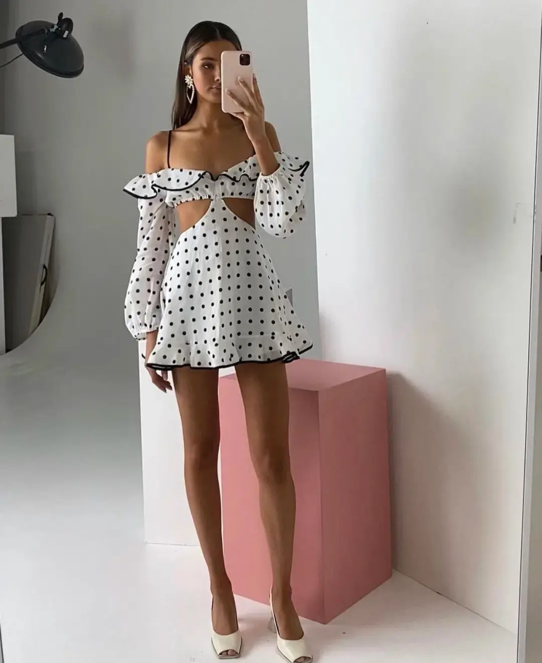 Sofia the Label Maya Cut Out Mini Dress White Polka Size 12 for rent on The Volte - main image