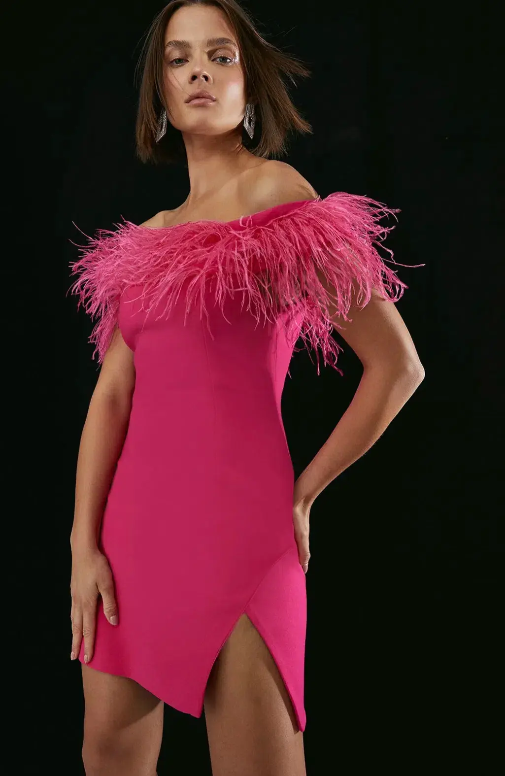 Karen Millen Feather Bardot Crepe Mini Dress Pink Size 10 - Image 1
