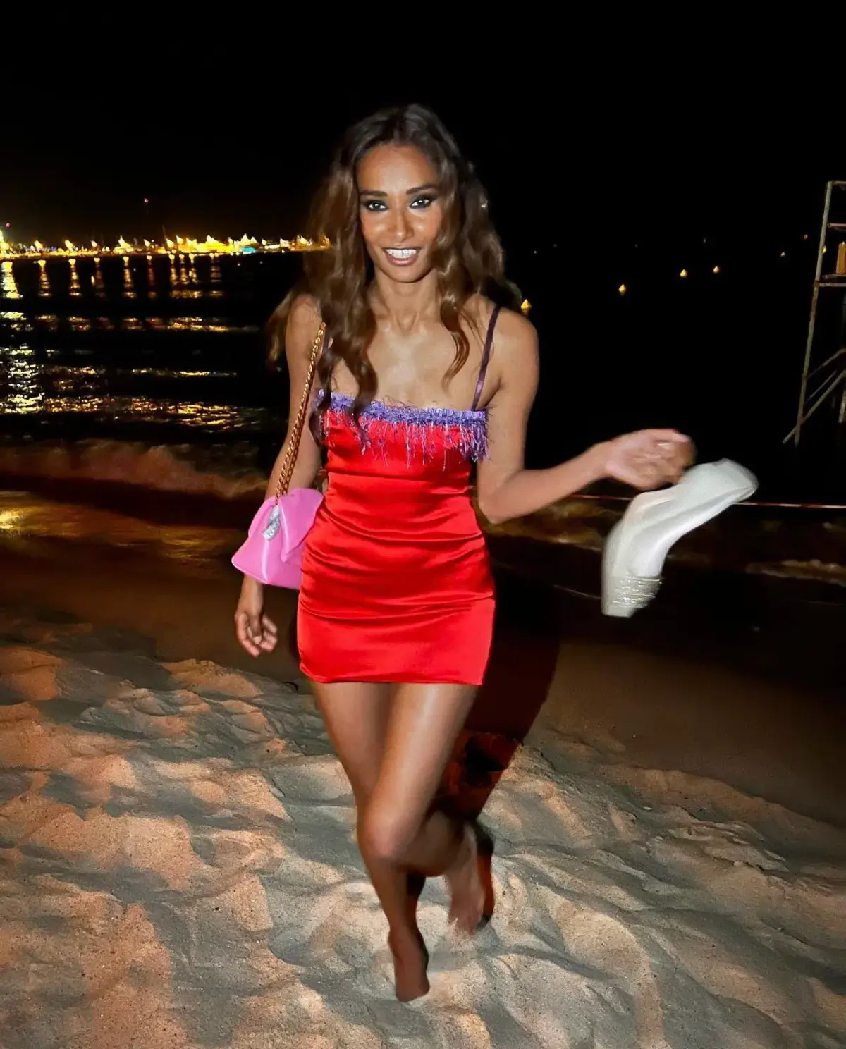 Danielle Guizio Satin Beaded Mini Dress Red Size M - Image 3