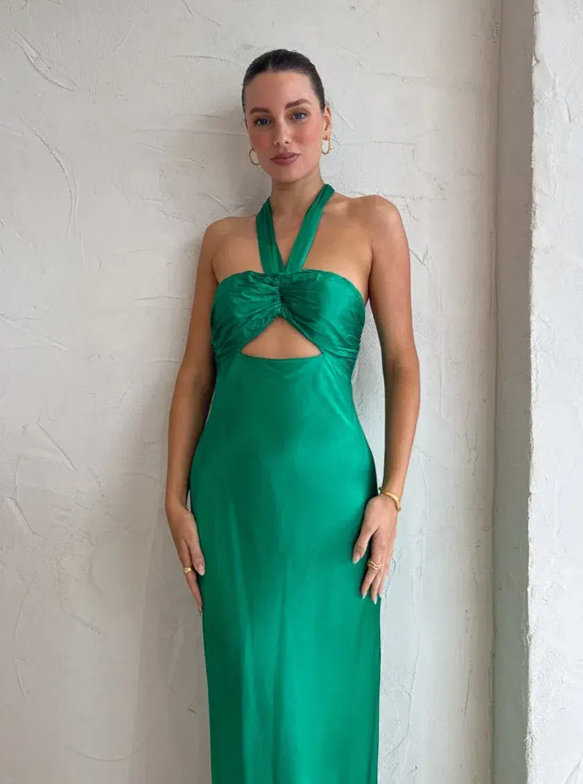 Shona Joy Lana Ruched Halter Midi Dress Tree Green Size 8 - Image 3