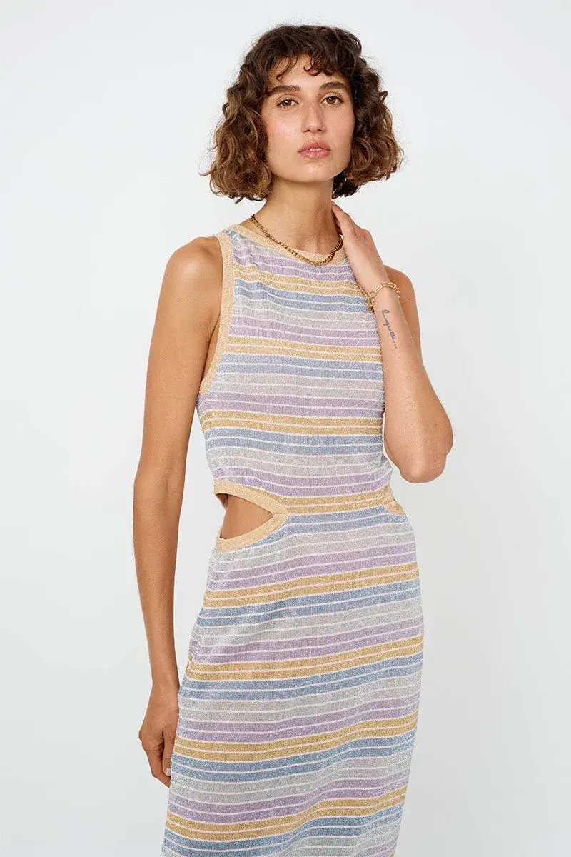 Suboo Elise High Neck Cutout Dress in Lilac Stripe Size XS / AU 10 - Image 2
