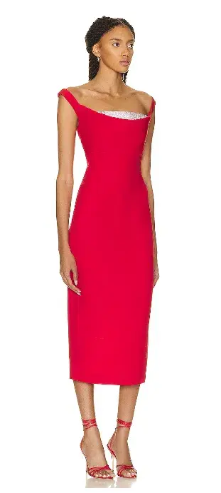 Roland Mouret Off Shoulder Diamante Midi Dress Red Size 12 - Image 2