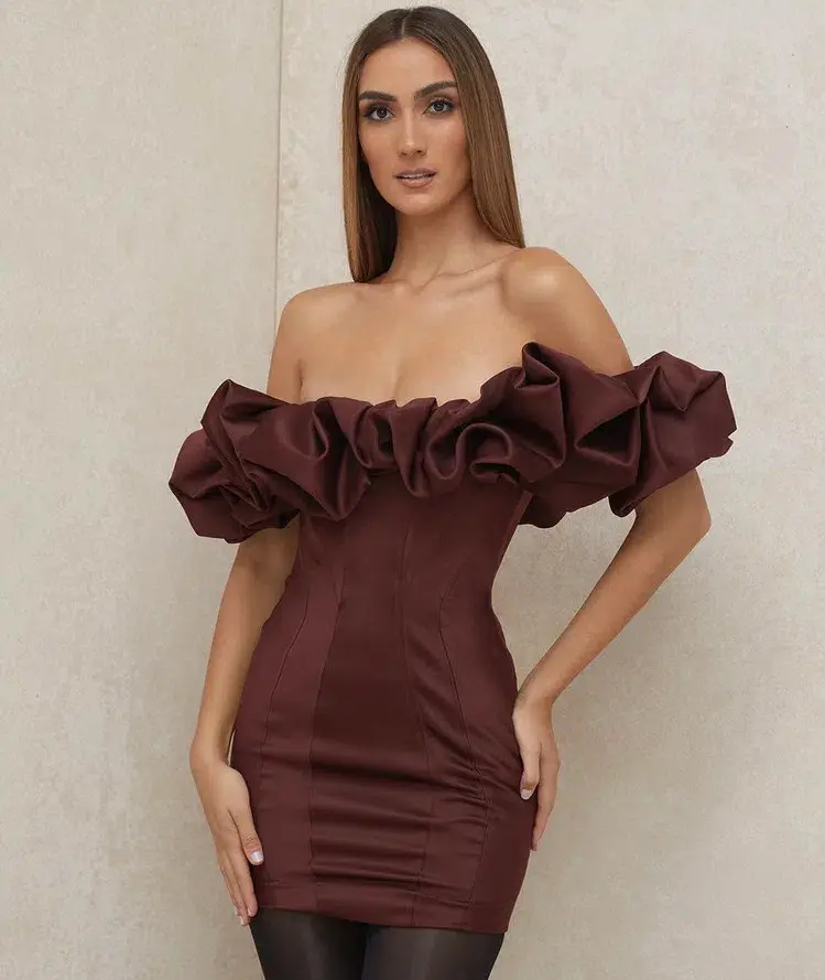 House of CB Selena Satin Ruffle Strapless Mini Dress Brown Size M / Au 10 for rent on The Volte - main image
