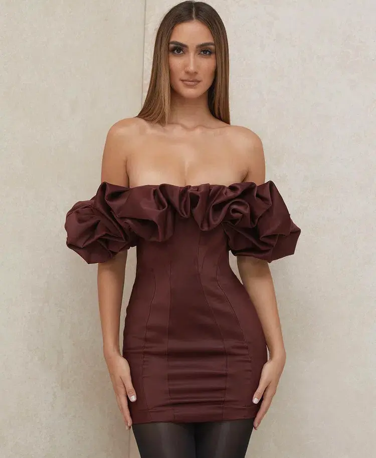 House of CB Selena Satin Ruffle Strapless Mini Dress Brown Size M / Au 10 for rent on The Volte - main image