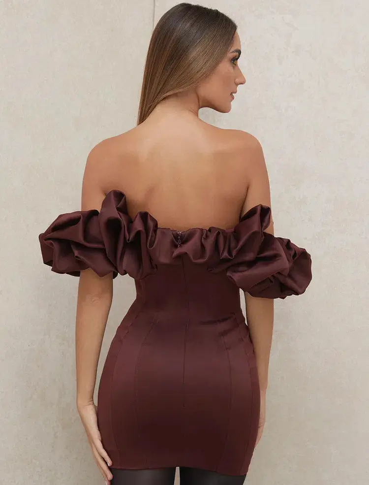 House of CB Selena Satin Ruffle Strapless Mini Dress Brown Size M / Au 10 for rent on The Volte - main image