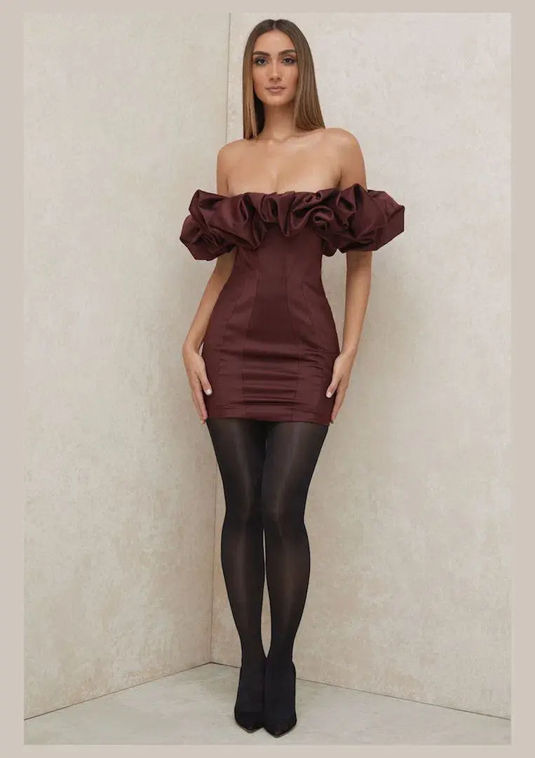 House of CB Selena Satin Ruffle Strapless Mini Dress Brown Size M / Au 10 for rent on The Volte - main image