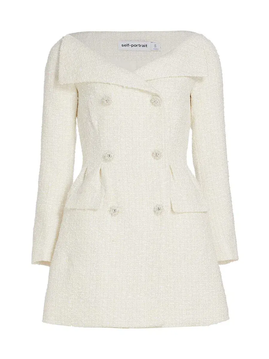 Self-portrait Double-breasted Bouclé Mini Dress Cream Size 10 - Image 4