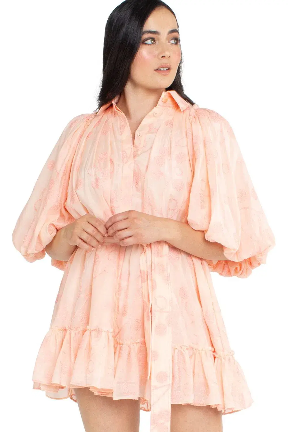 Aje Textural Puff Sleeve Mini Dress Peach Size AU 12 for rent on The Volte - main image