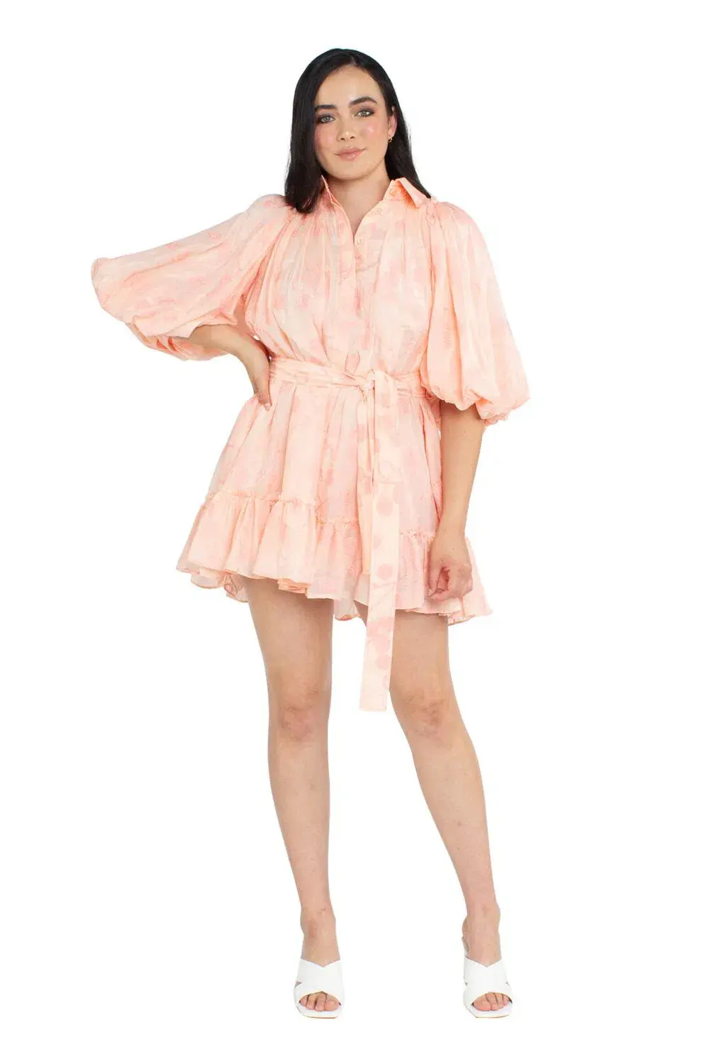 Aje Textural Puff Sleeve Mini Dress Peach Size AU 12 - Image 1