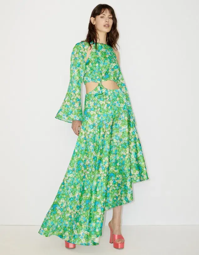 Alemais Cassandra Cut Out Midi Dress Green Floral Size 10 - Image 1