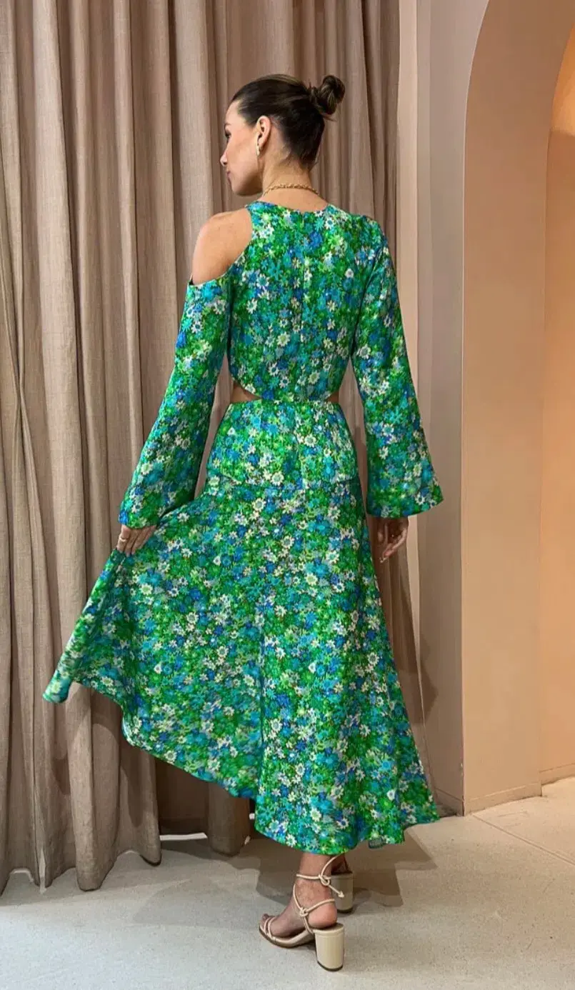 Alemais Cassandra Cut Out Midi Dress Green Floral Size 10 - Image 4