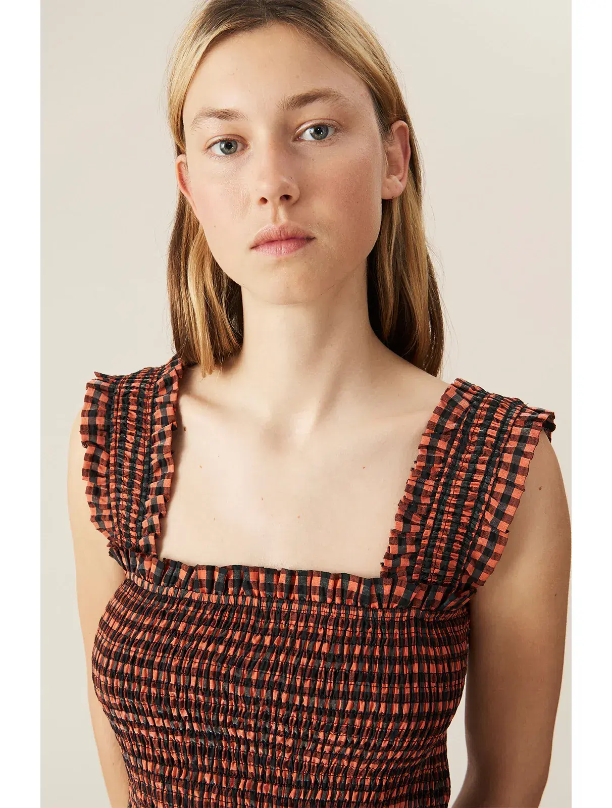 Ganni Seersucker Check Maxi Dress Print Size 6 - Image 3