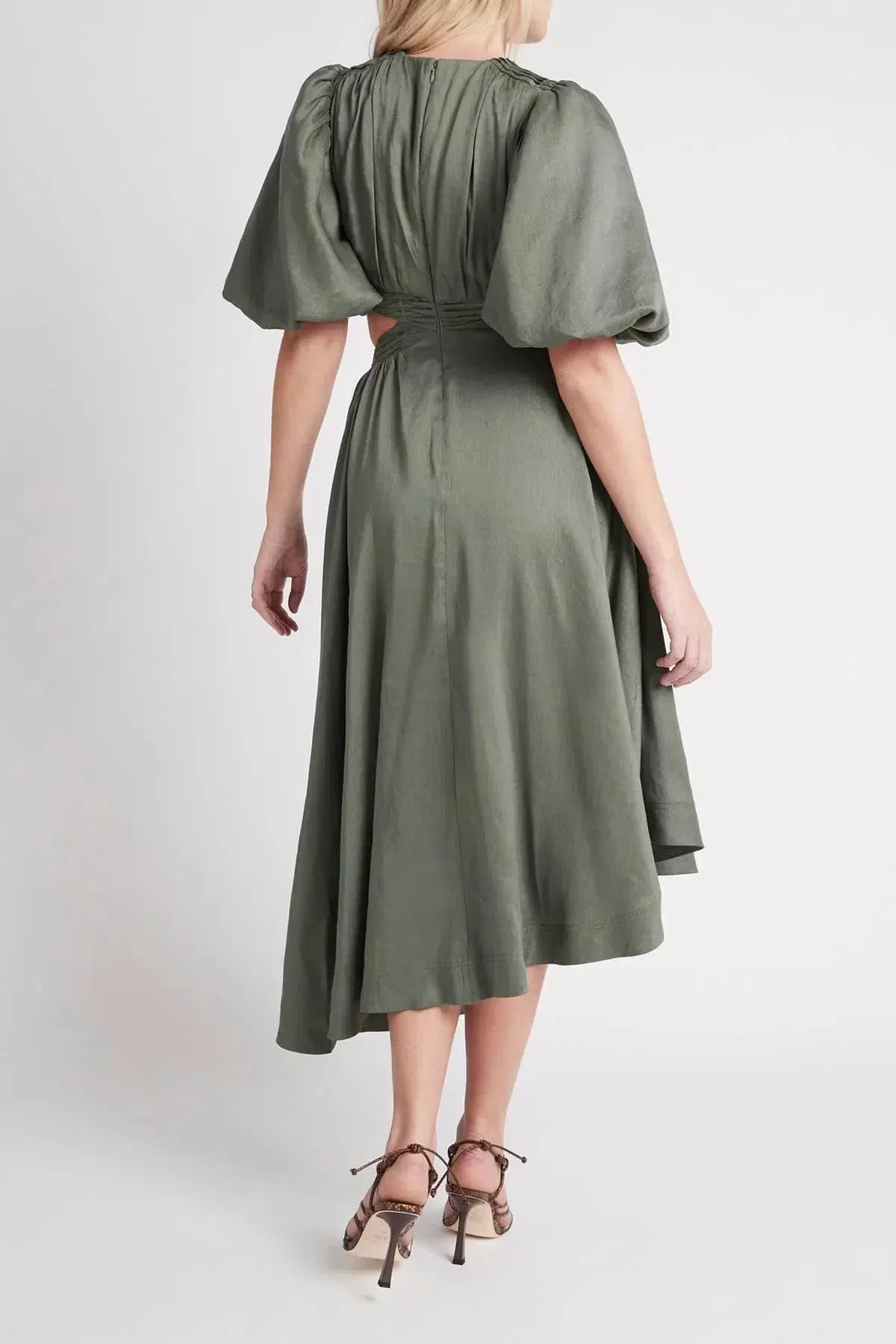 Aje Tidal Tucked Cut Out Midi Dress Green Size 8 - Image 3