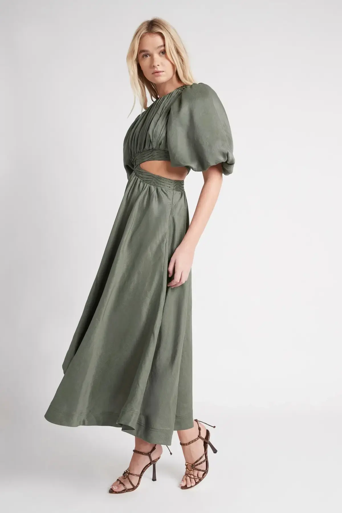Aje Tidal Tucked Cut Out Midi Dress Green Size 8 - Image 2