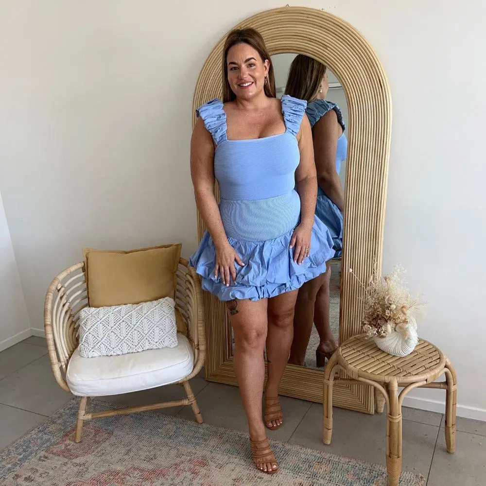Aje Allard Ruched Strap Knit Top and Turner Bubble Skirt Set Sky Blue Size 10 - Image 5