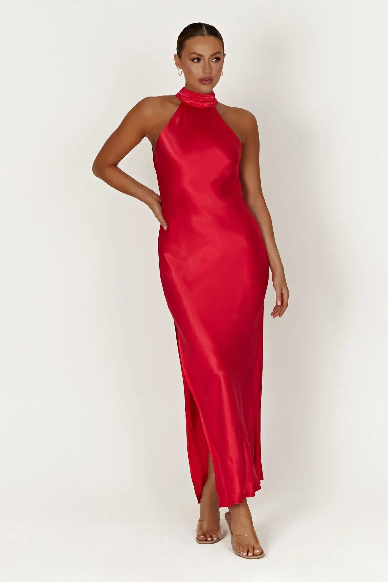 Meshki Claire Satin Drape Back Maxi Dress with Split in Red Size M / Au 10 - Image 1
