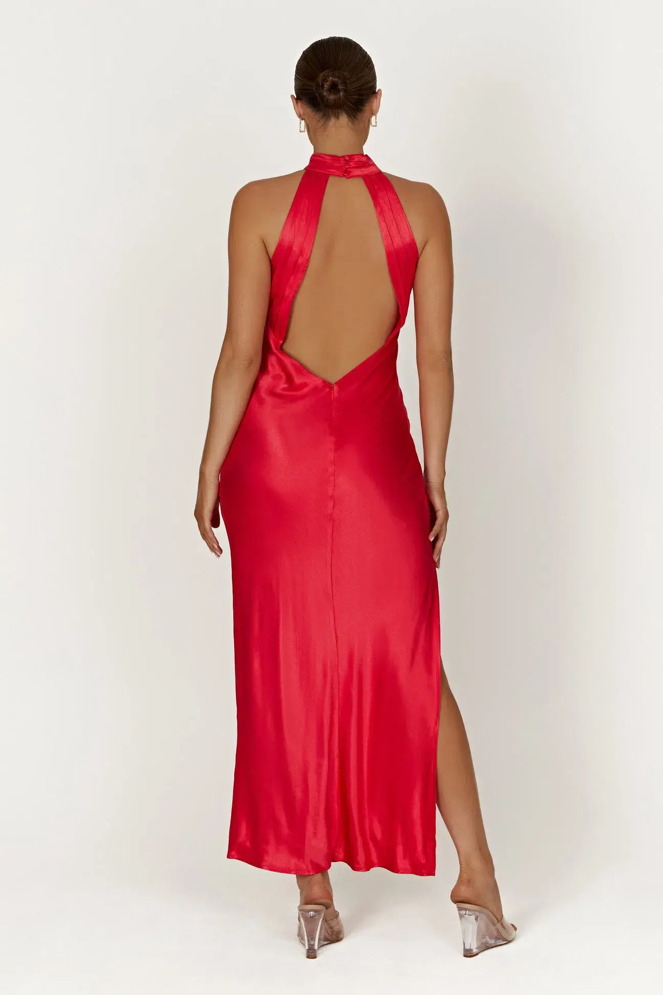 Meshki Claire Satin Drape Back Maxi Dress with Split in Red Size M / Au 10 - Image 2